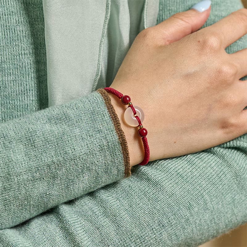 Wear FengShui Peace Buckle White Agate Flat Knot Diamond Knot Red String Connection Bracelet