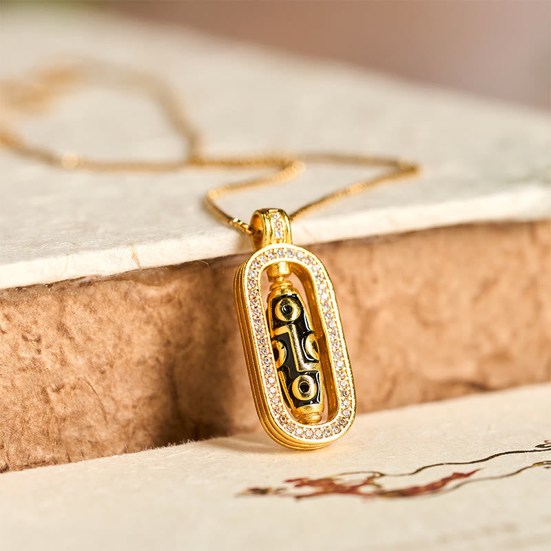 Wear FengShui 24k Gold Plated Brass Nine-eye Dzi Bead Auspicious Pattern Wealth Pendant Necklace