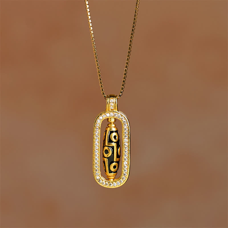 Wear FengShui 24k Gold Plated Brass Nine-eye Dzi Bead Auspicious Pattern Wealth Pendant Necklace