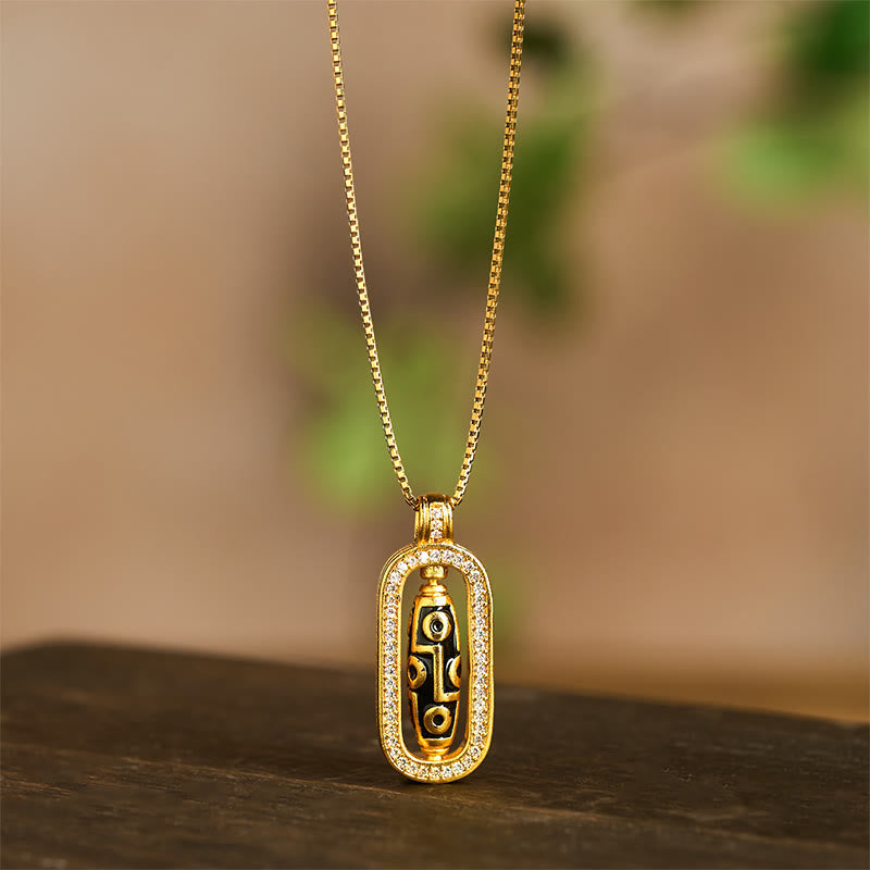 Wear FengShui 24k Gold Plated Brass Nine-eye Dzi Bead Auspicious Pattern Wealth Pendant Necklace