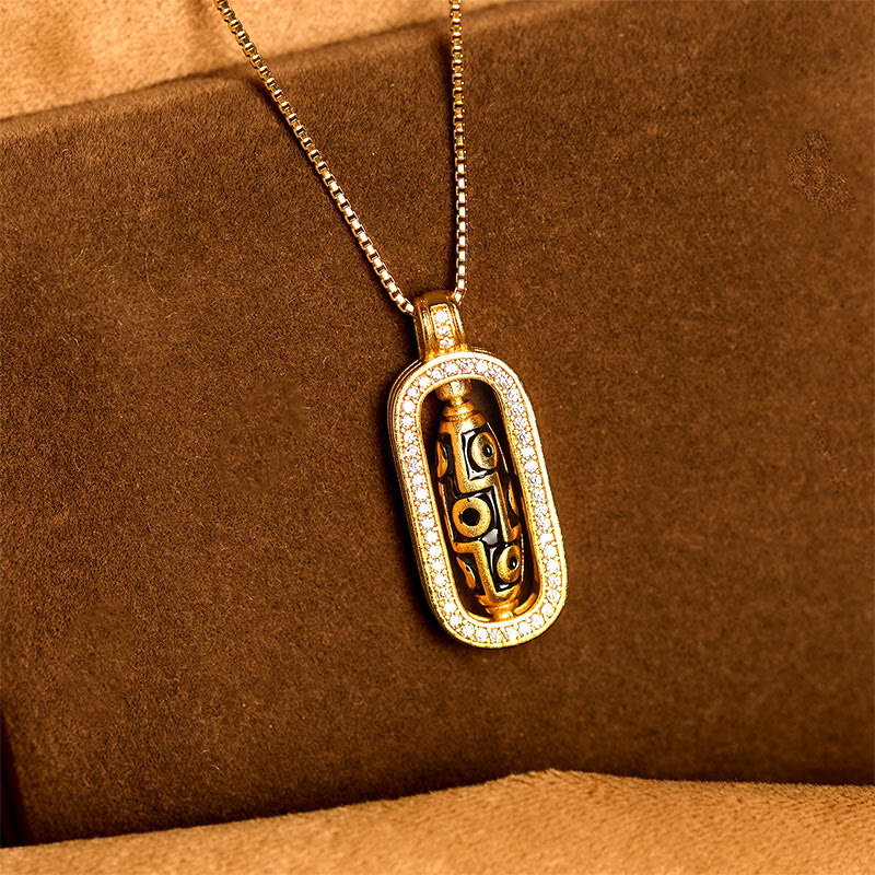 Wear FengShui 24k Gold Plated Brass Nine-eye Dzi Bead Auspicious Pattern Wealth Pendant Necklace