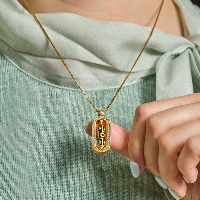 Wear FengShui 24k Gold Plated Brass Nine-eye Dzi Bead Auspicious Pattern Wealth Pendant Necklace