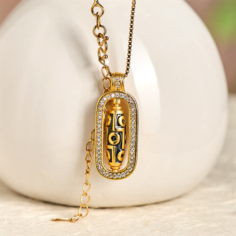 Wear FengShui 24k Gold Plated Brass Nine-eye Dzi Bead Auspicious Pattern Wealth Pendant Necklace