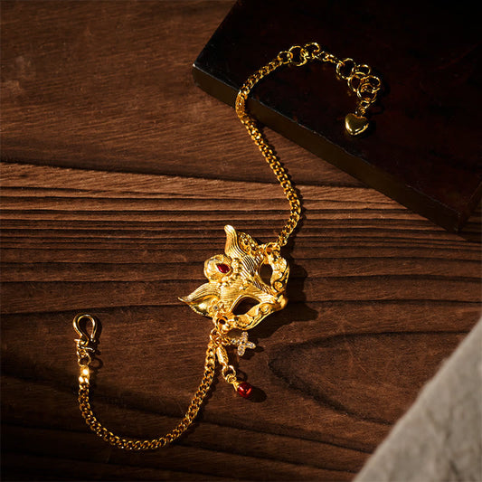 Wear FengShui 24k Gold Plated Brass Fox Mask Charm Tassel Chain Bracelet