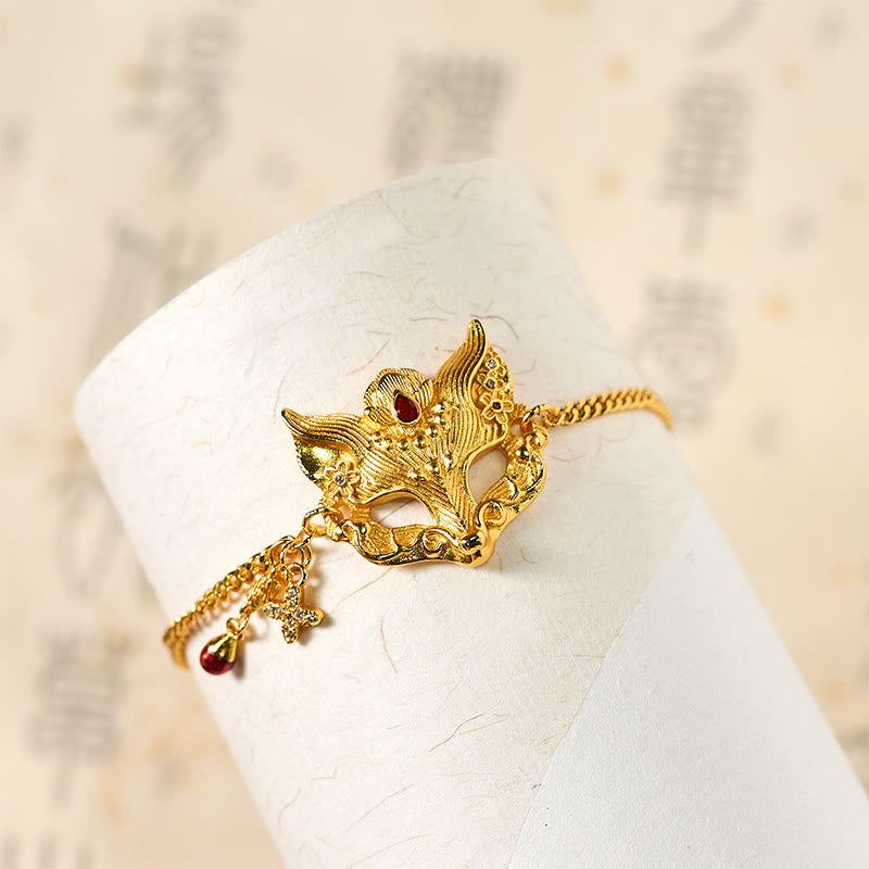 Wear FengShui 24k Gold Plated Brass Fox Mask Charm Tassel Chain Bracelet