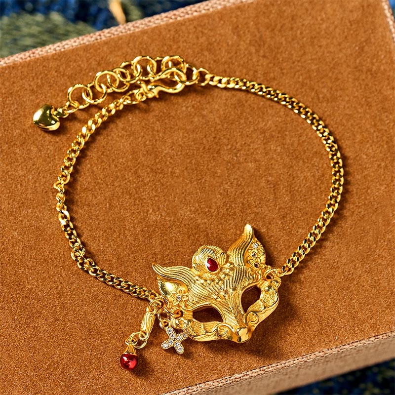 Wear FengShui 24k Gold Plated Brass Fox Mask Charm Tassel Chain Bracelet