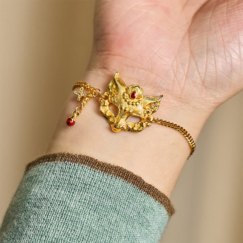 Wear FengShui 24k Gold Plated Brass Fox Mask Charm Tassel Chain Bracelet