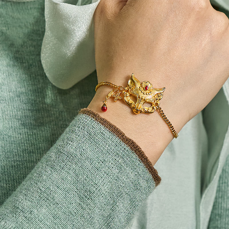 Wear FengShui 24k Gold Plated Brass Fox Mask Charm Tassel Chain Bracelet