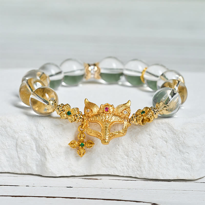 Buddha Stones Fox Cross Charm White Crystal Beaded Protection Bracelet