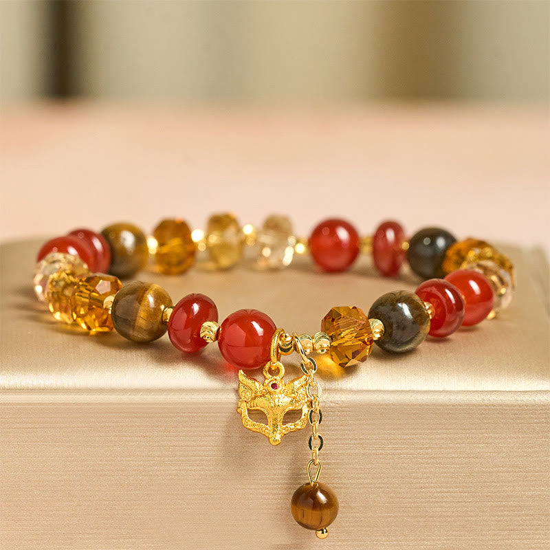 Wear FengShui Red Agate Tiger Eye Fox Charm Calm Beaded Bracelet