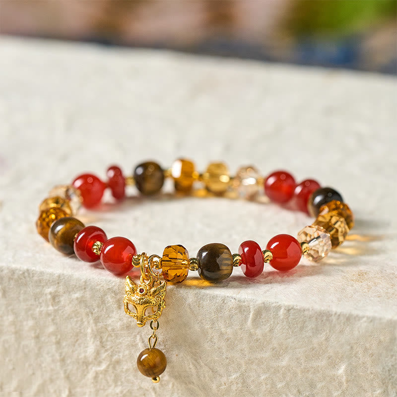 Wear FengShui Red Agate Tiger Eye Fox Charm Calm Beaded Bracelet