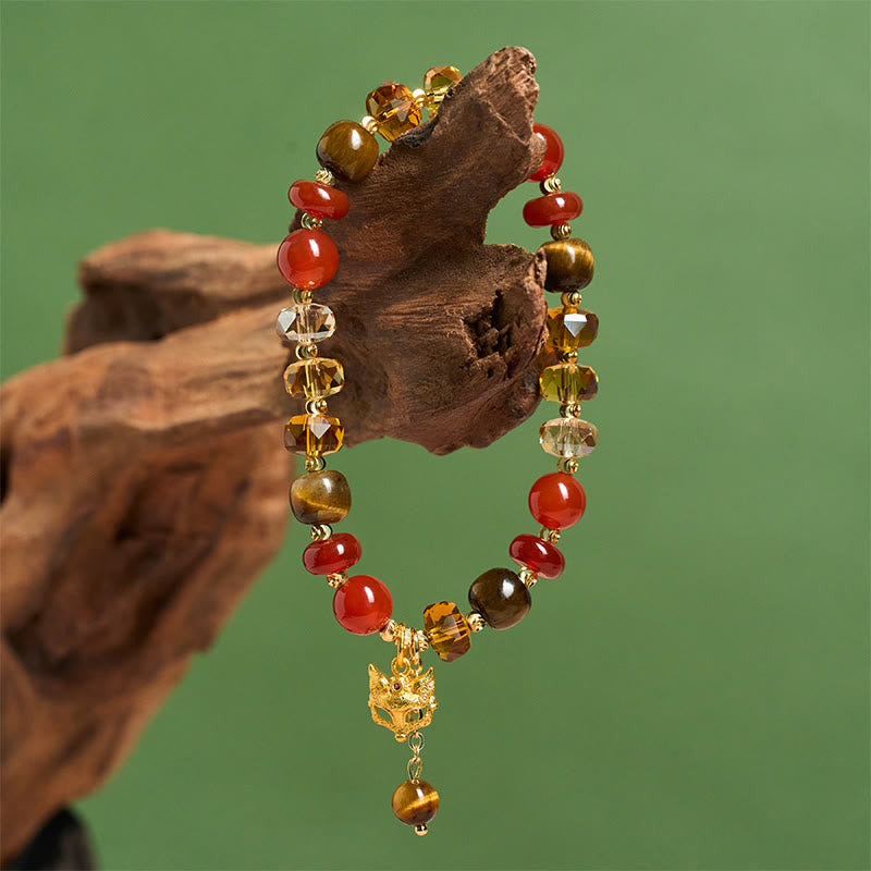 Wear FengShui Red Agate Tiger Eye Fox Charm Calm Beaded Bracelet
