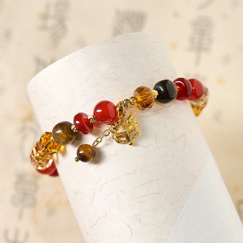 Wear FengShui Red Agate Tiger Eye Fox Charm Calm Beaded Bracelet