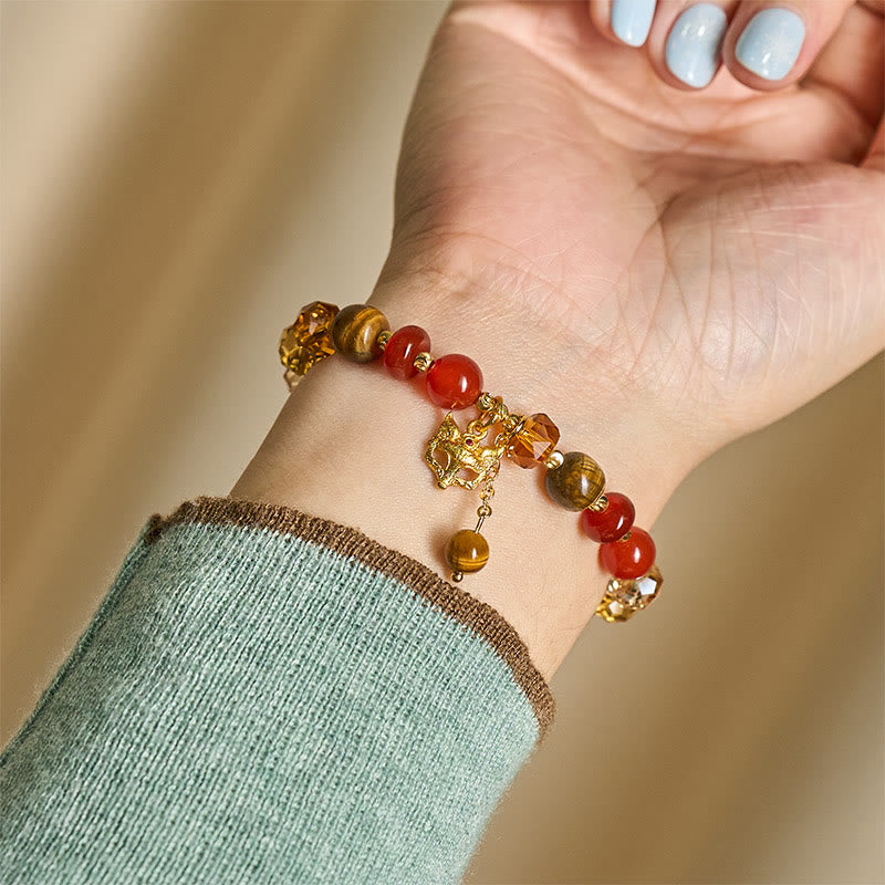 Wear FengShui Red Agate Tiger Eye Fox Charm Calm Beaded Bracelet
