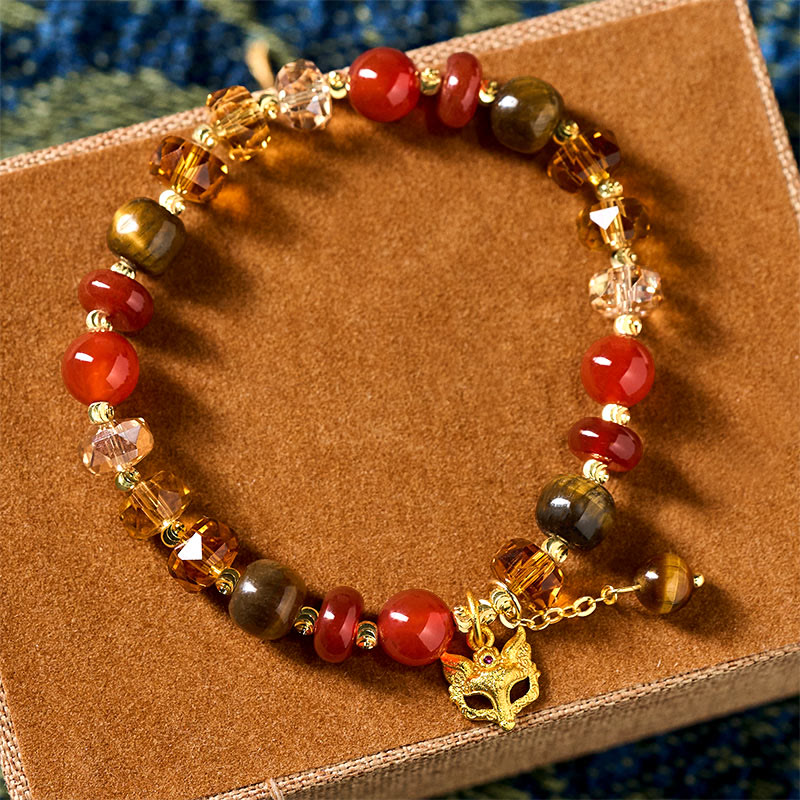 Wear FengShui Red Agate Tiger Eye Fox Charm Calm Beaded Bracelet