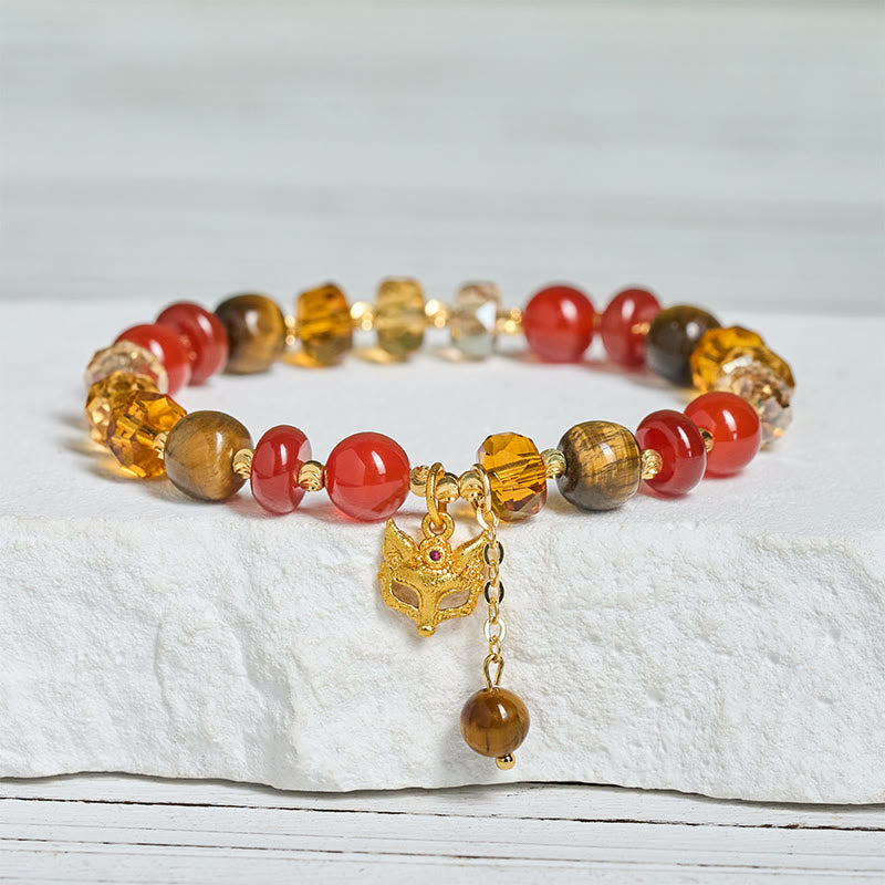 Wear FengShui Red Agate Tiger Eye Fox Charm Calm Beaded Bracelet