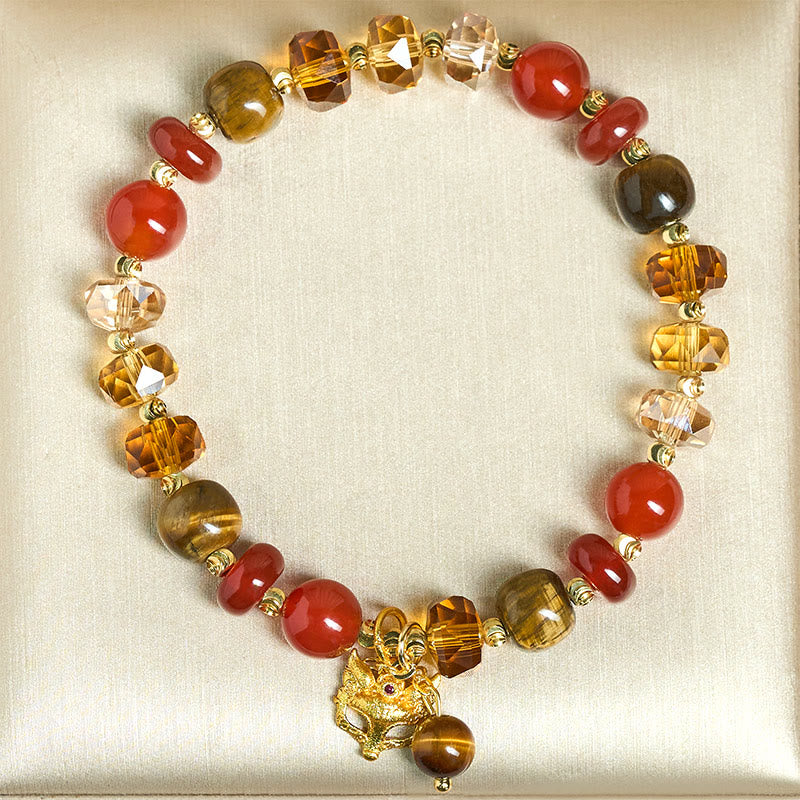 Wear FengShui Red Agate Tiger Eye Fox Charm Calm Beaded Bracelet