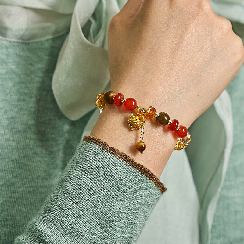 Wear FengShui Red Agate Tiger Eye Fox Charm Calm Beaded Bracelet