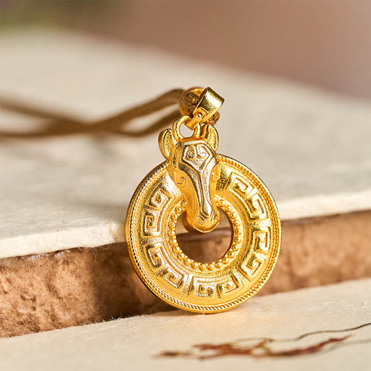 Wear FengShui Year Of The Horse Peace Buckle Fu Character Gold Plated Copper Energy Necklace Pendant