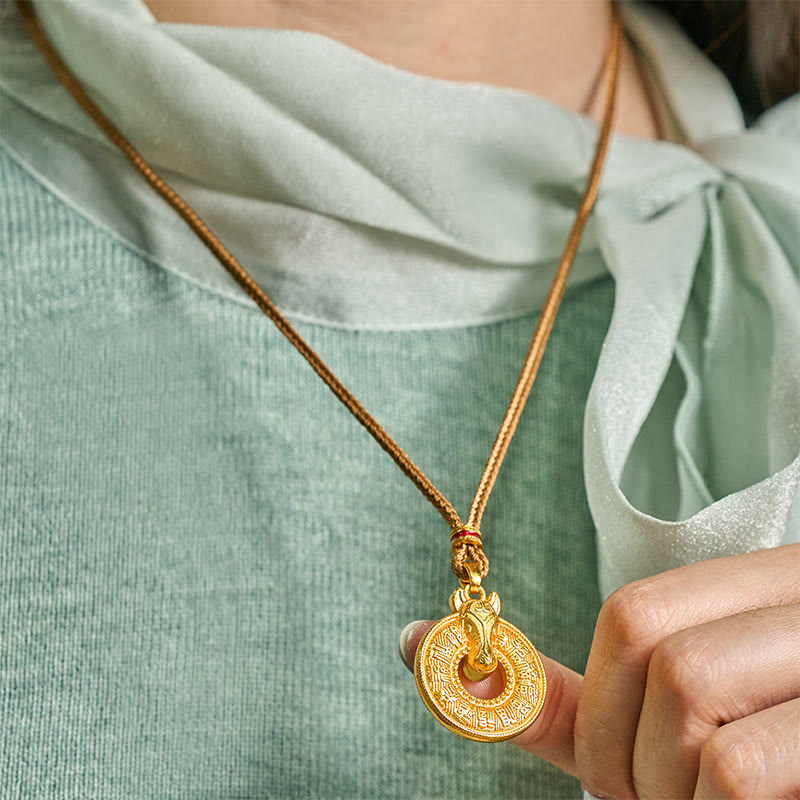 Wear FengShui Year Of The Horse Peace Buckle Fu Character Gold Plated Copper Energy Necklace Pendant