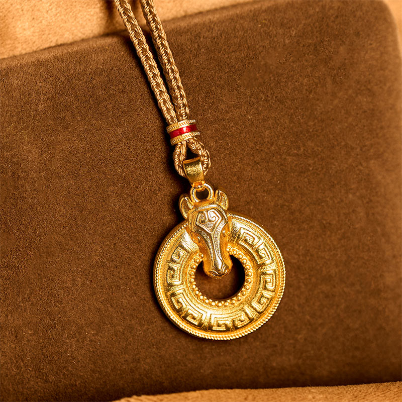 Wear FengShui Year Of The Horse Peace Buckle Fu Character Gold Plated Copper Energy Necklace Pendant