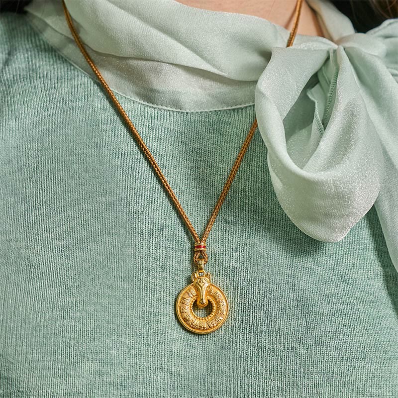 Wear FengShui Year Of The Horse Peace Buckle Fu Character Gold Plated Copper Energy Necklace Pendant