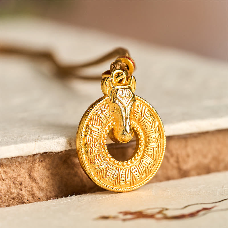 Wear FengShui Year Of The Horse Peace Buckle Fu Character Gold Plated Copper Energy Necklace Pendant