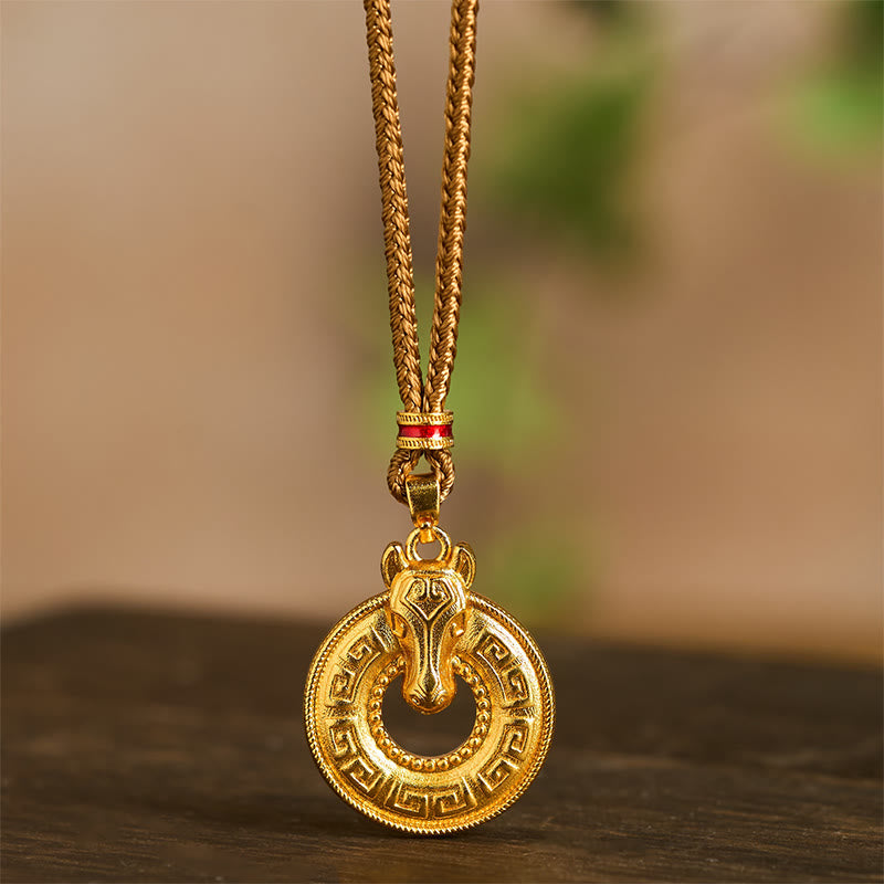 Wear FengShui Year Of The Horse Peace Buckle Fu Character Gold Plated Copper Energy Necklace Pendant