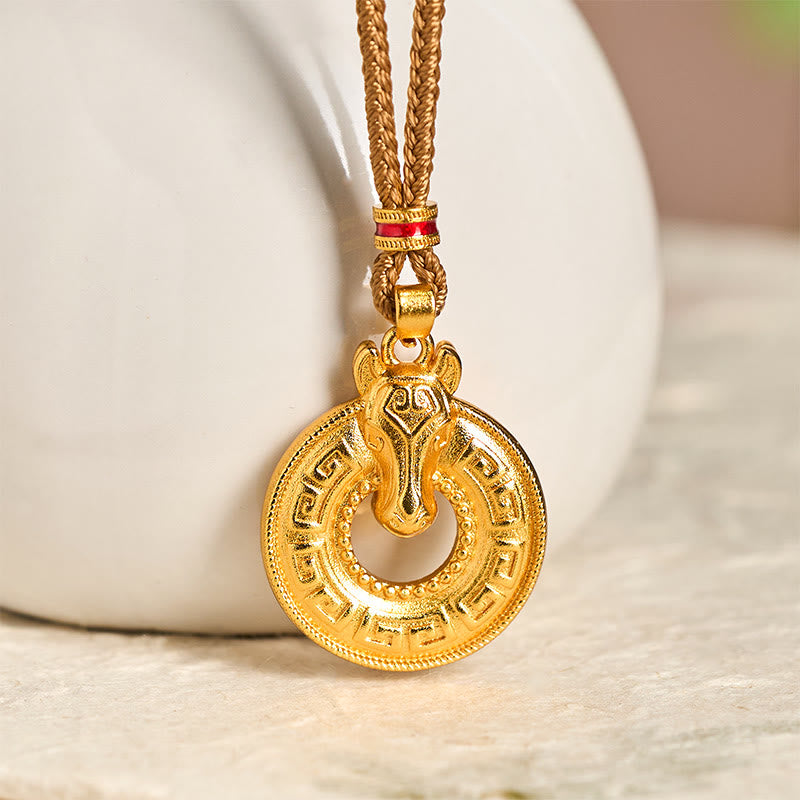 Wear FengShui Year Of The Horse Peace Buckle Fu Character Gold Plated Copper Energy Necklace Pendant