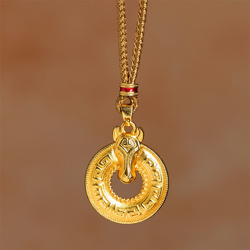 Wear FengShui Year Of The Horse Peace Buckle Fu Character Gold Plated Copper Energy Necklace Pendant