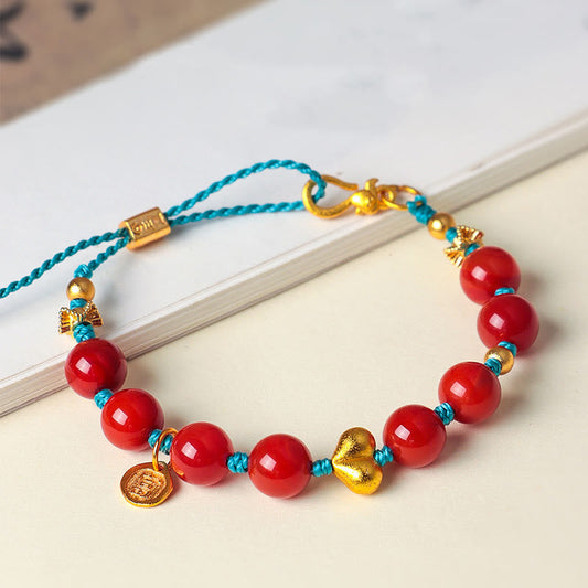 Wear FengShui 8mm South Red Agate Beads Heart Braided String Success Bracelet