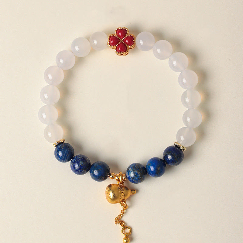Wear FengShui Four Leaf Clover Flower Gourd South Red Agate White Agate Positive Beaded Bracelet