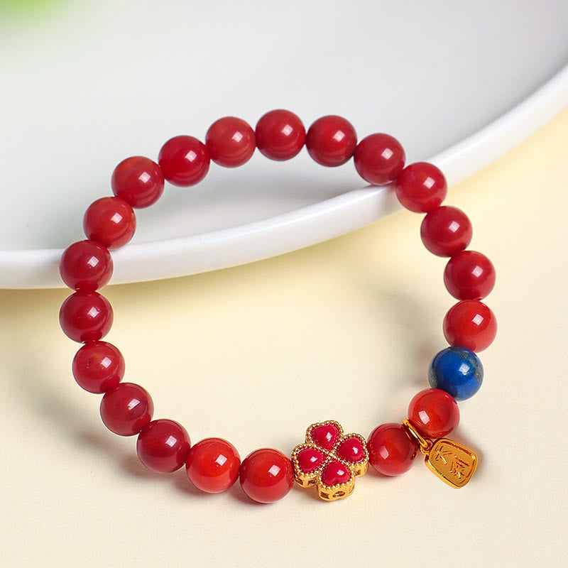 Wear FengShui Four Leaf Clover Flower Gourd South Red Agate White Agate Positive Beaded Bracelet