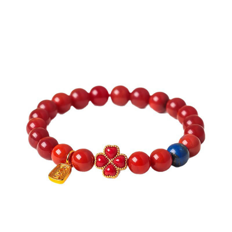 Wear FengShui Four Leaf Clover Flower Gourd South Red Agate White Agate Positive Beaded Bracelet