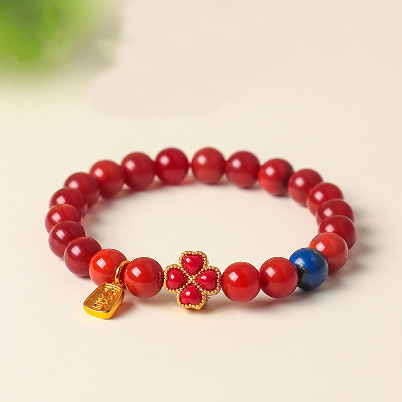 Wear FengShui Four Leaf Clover Flower Gourd South Red Agate White Agate Positive Beaded Bracelet