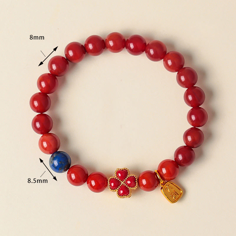 Wear FengShui Four Leaf Clover Flower Gourd South Red Agate White Agate Positive Beaded Bracelet