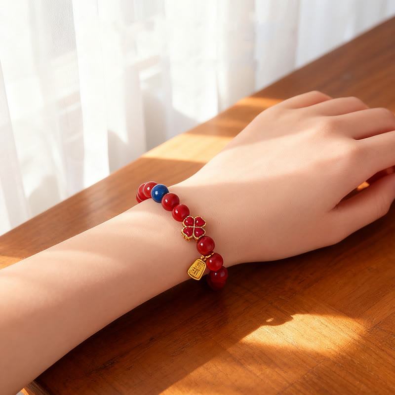 Wear FengShui Four Leaf Clover Flower Gourd South Red Agate White Agate Positive Beaded Bracelet