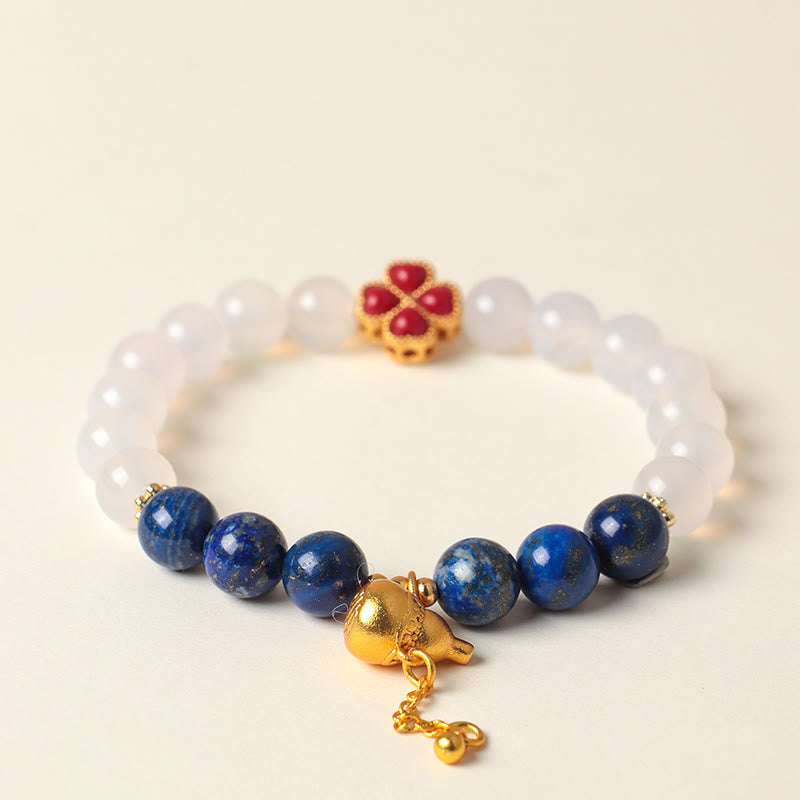 Wear FengShui Four Leaf Clover Flower Gourd South Red Agate White Agate Positive Beaded Bracelet