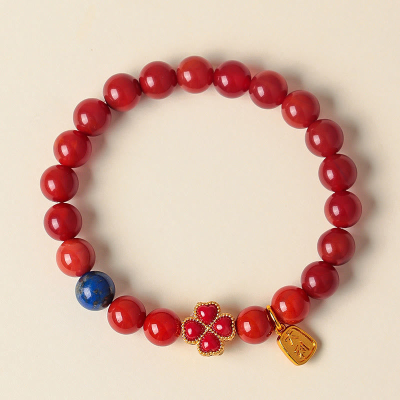 Wear FengShui Four Leaf Clover Flower Gourd South Red Agate White Agate Positive Beaded Bracelet