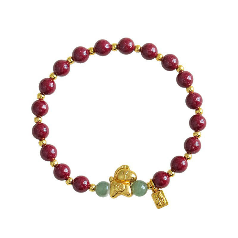 Buddha Stones Chinese Zodiac Year of the Horse Fu Character Cinnabar Hetian Jade Blessing Bracelet