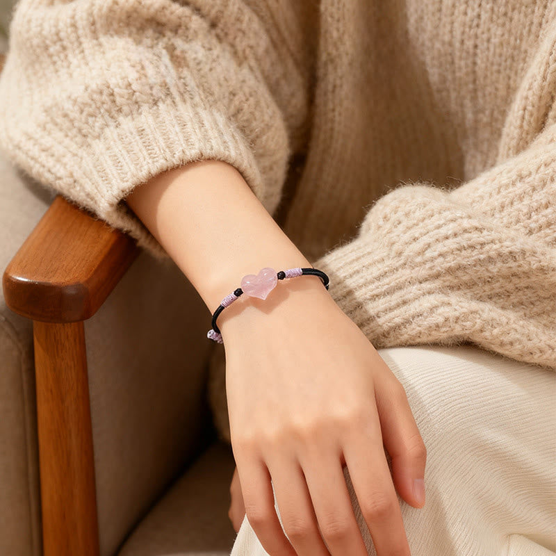 Wear FengShui Natural Heart Charm Pink Crystal Braided String Warmth Bracelet