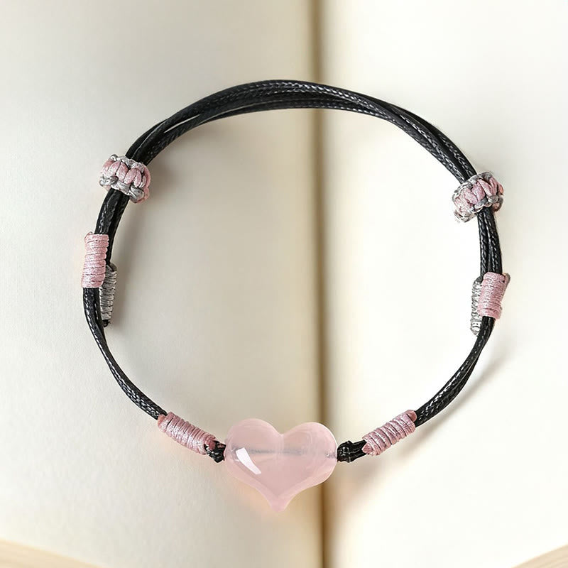 Wear FengShui Natural Heart Charm Pink Crystal Braided String Warmth Bracelet
