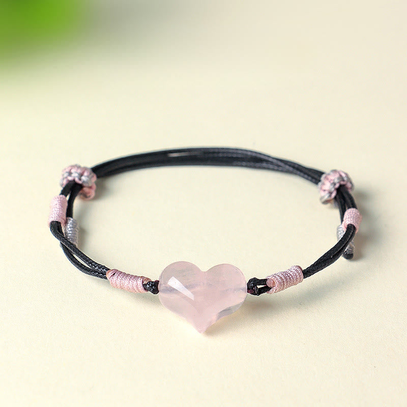 Wear FengShui Natural Heart Charm Pink Crystal Braided String Warmth Bracelet
