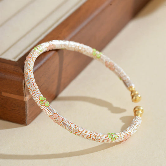 Wear FengShui Copper Handmade Enamel Flower Open Luck Bracelet Bangle