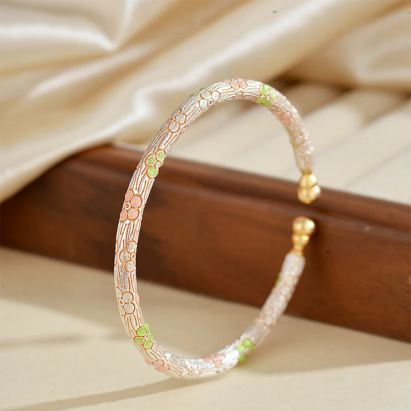 Wear FengShui Copper Handmade Enamel Flower Open Luck Bracelet Bangle