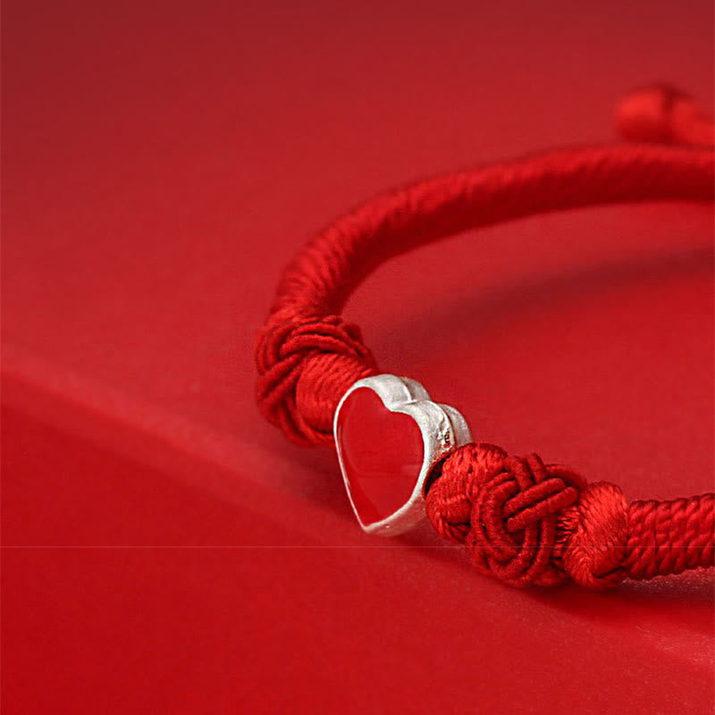 Wear FengShui 999 Sterling Silver 3D Heart Design Red String Connection Bracelet
