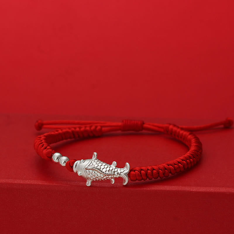 Wear FengShui 999 Sterling Silver Koi Fish Design 990 Sterling Silver Bead Red String Luck Bracelet