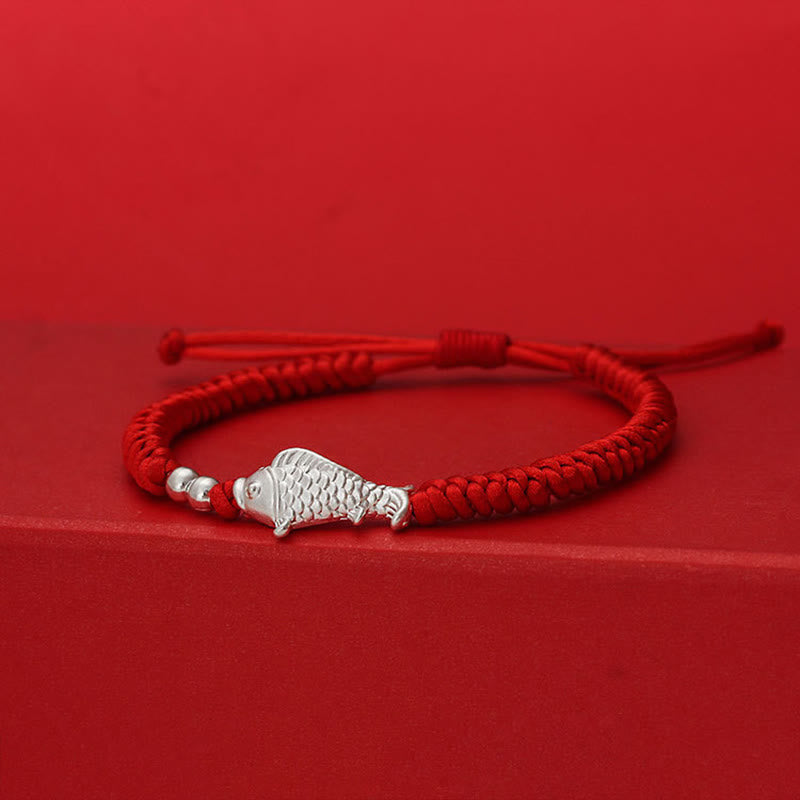 Wear FengShui 999 Sterling Silver Koi Fish Design 990 Sterling Silver Bead Red String Luck Bracelet