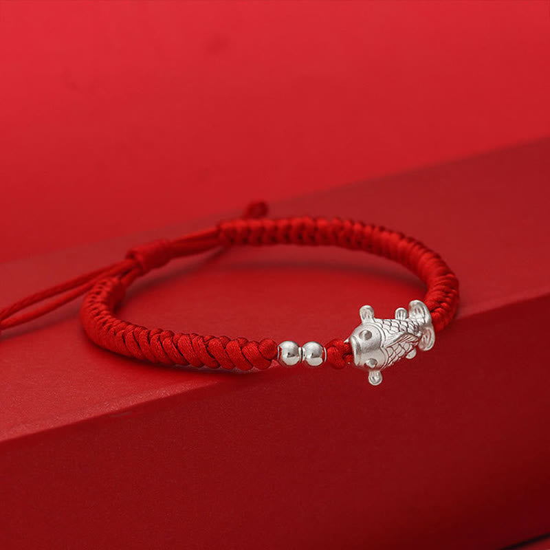 Wear FengShui 999 Sterling Silver Koi Fish Design 990 Sterling Silver Bead Red String Luck Bracelet