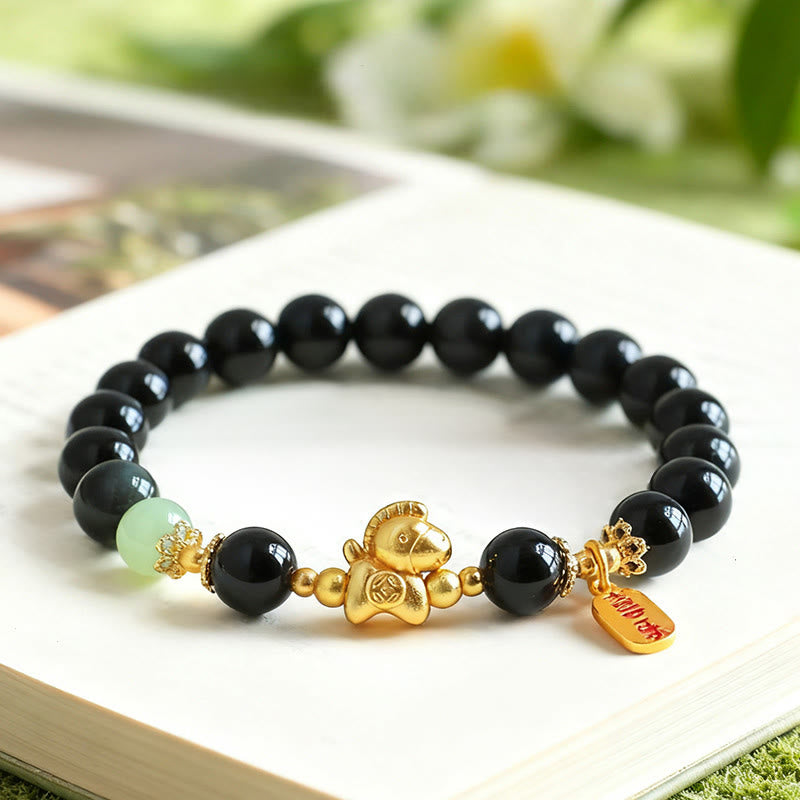 Wear FengShui Year Of The Horse Hetian Jade Black Obsidian Red Agate Strength Bracelet